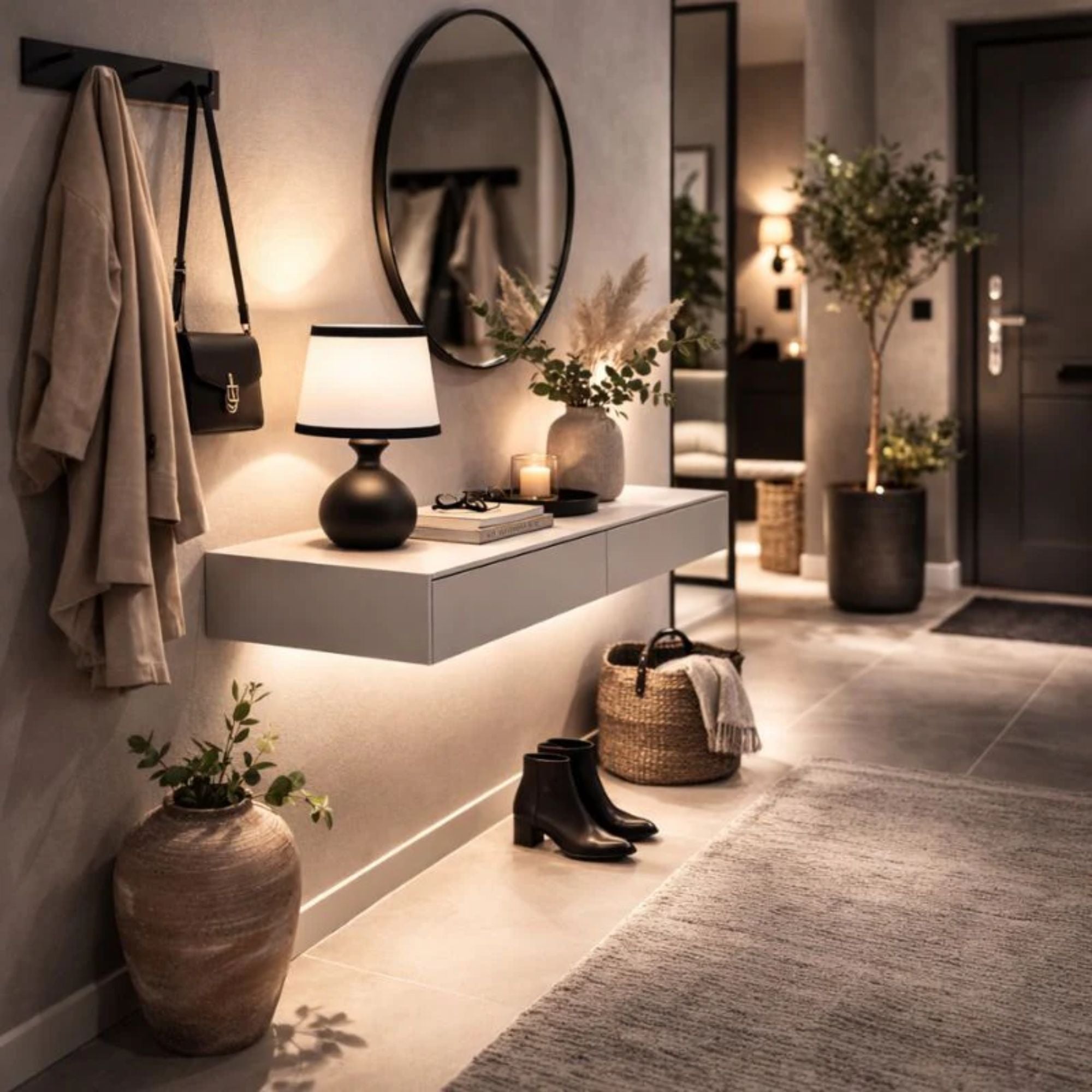 Elegant svart bordslampa med vit skärm placerad i stilren hall med modern skandinavisk inredning