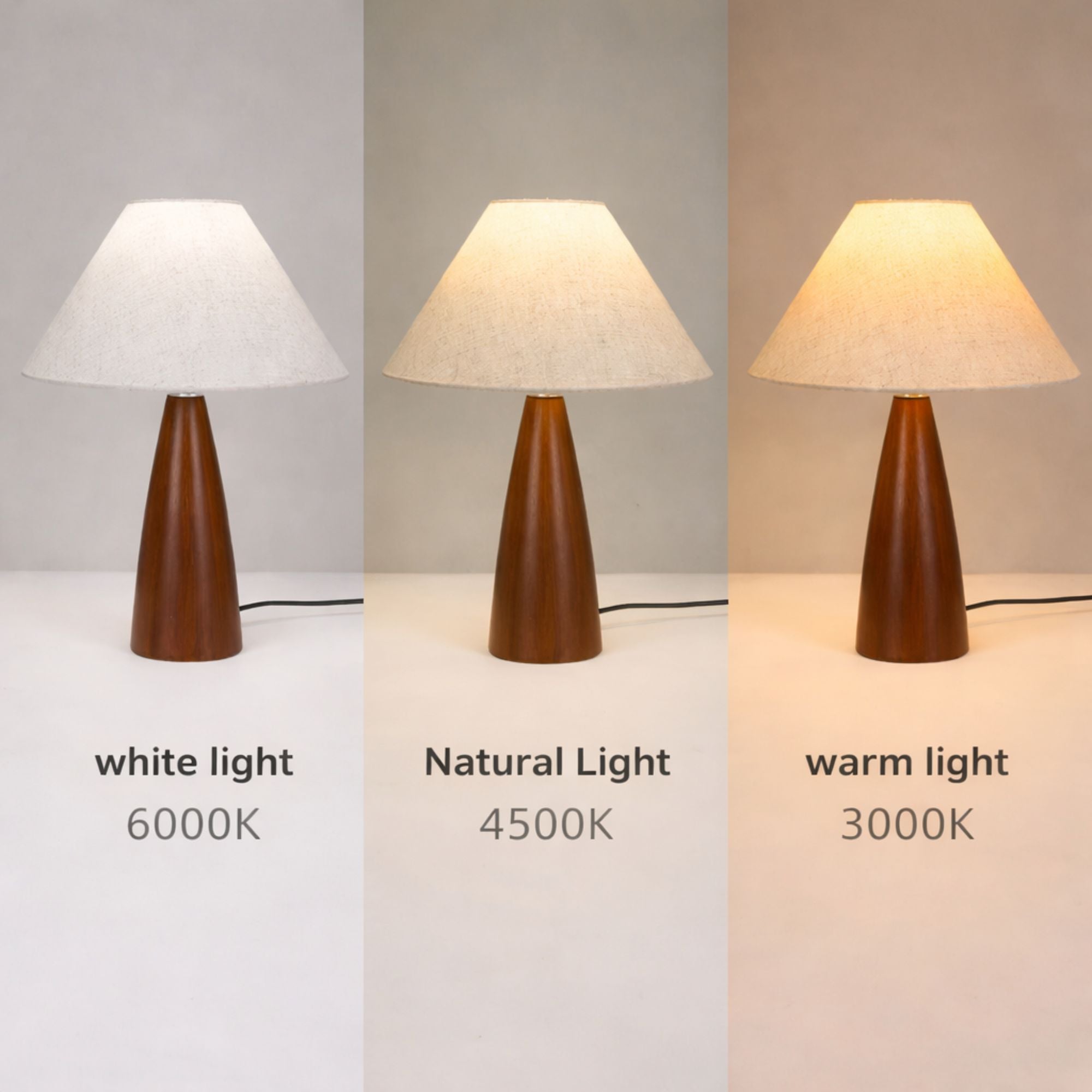 Bordslampa med träfot och linneskärm som visar tre ljusfärger: varmvit 3000K, neutralvit 4500K och kallvit 6000K i jämförelse