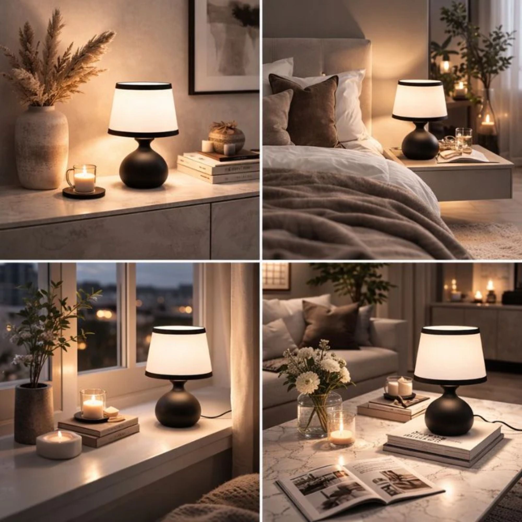 Bordslampa med varm belysning i flera miljöer som vardagsrum, sovrum och fönster