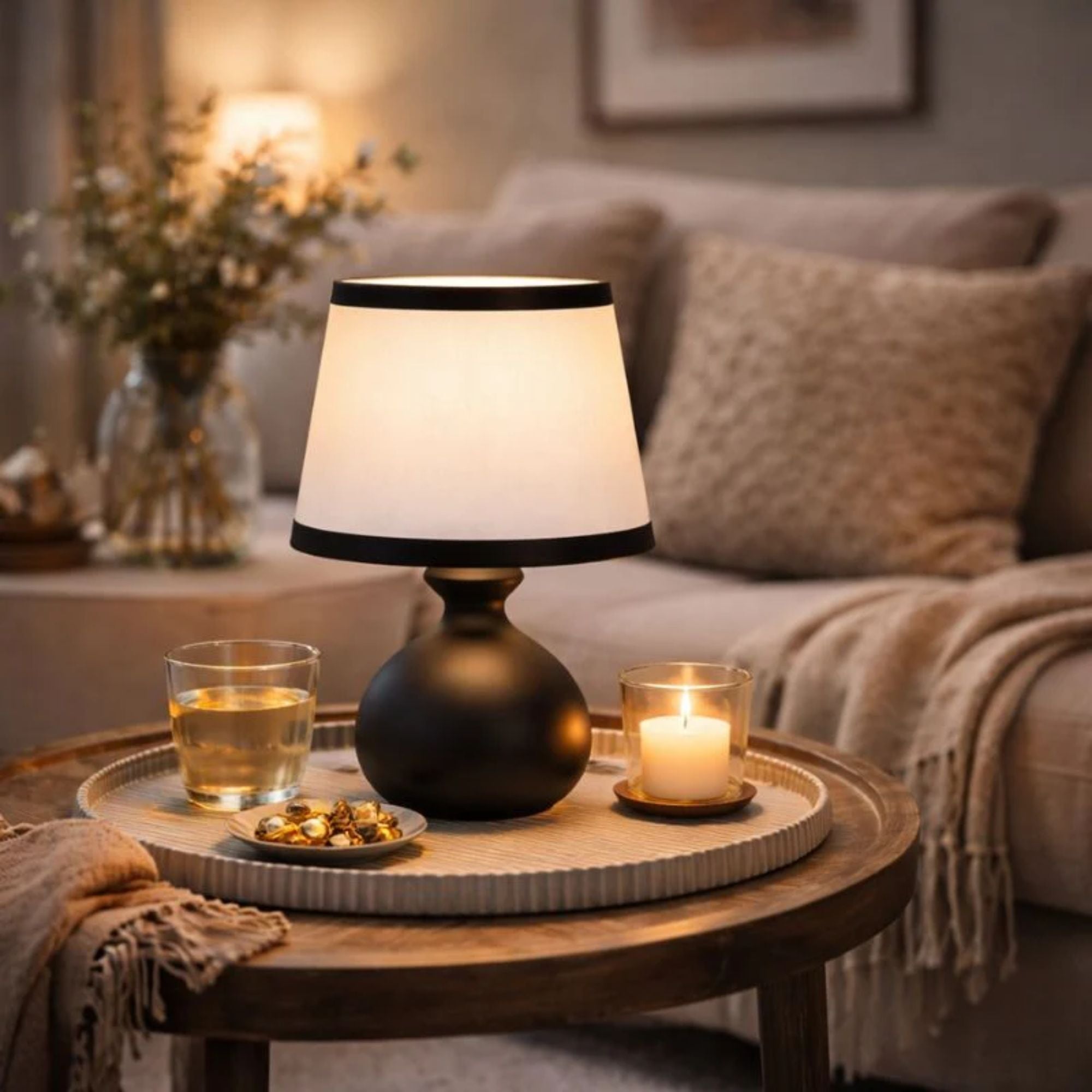 Svart bordslampa med varm belysning på soffbord tillsammans med ljus och dekoration i mysigt vardagsrum