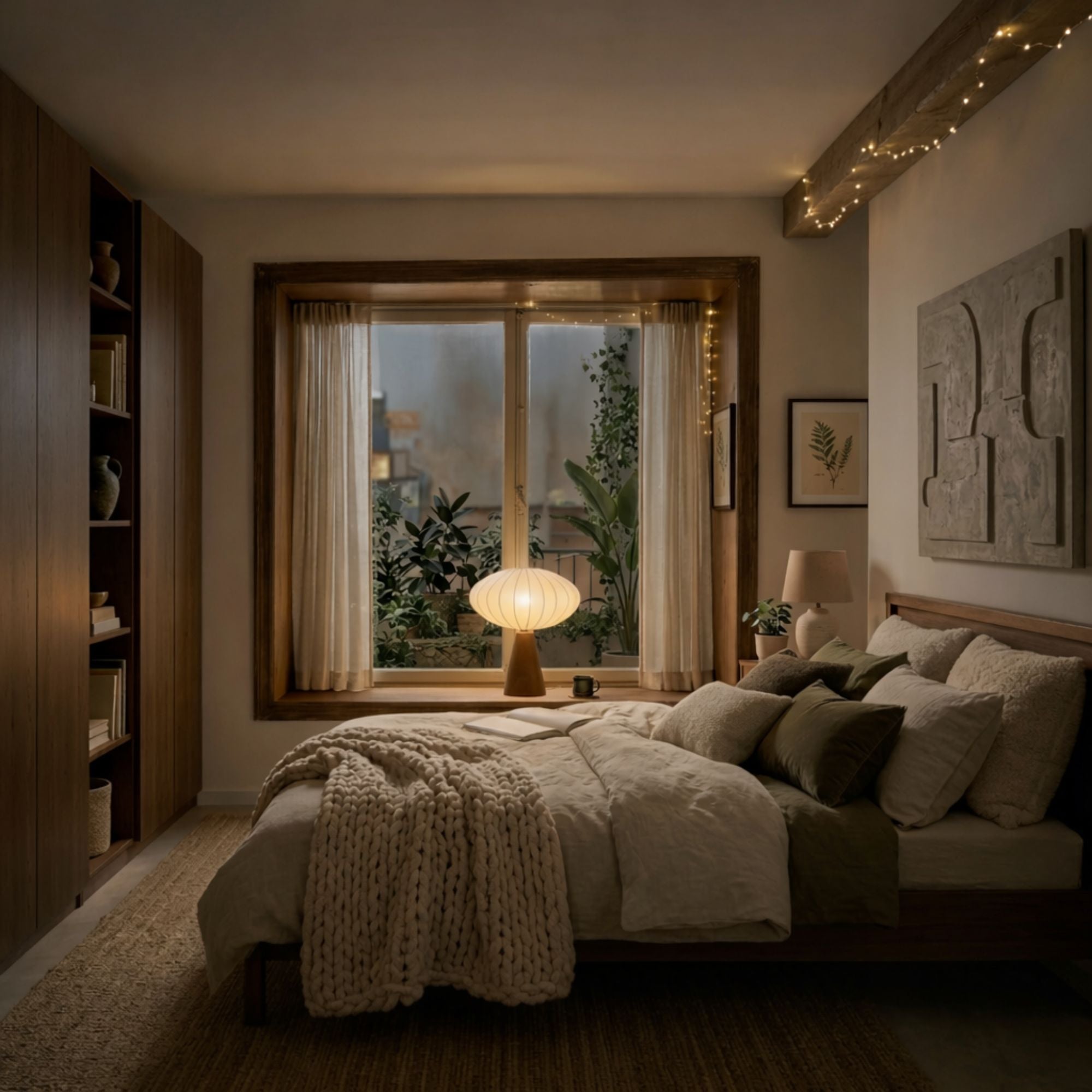 Bordslampa i trä med rund skärm placerad vid fönster i sovrum med varm och mysig kvällsbelysning