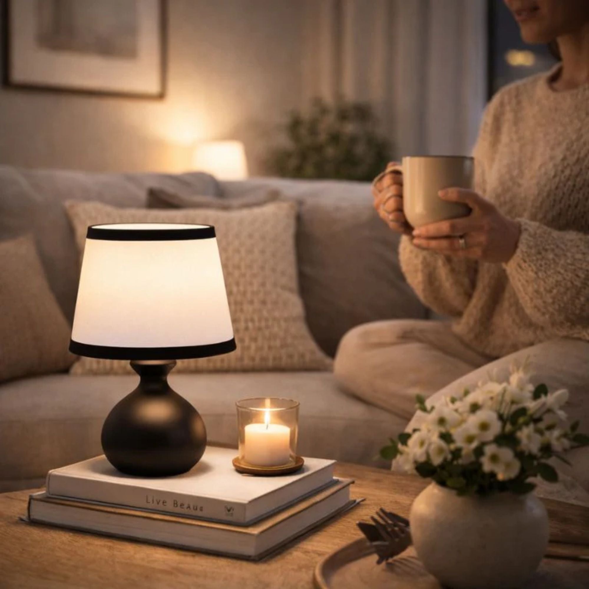 Elegant svart bordslampa med vit skärm som ger varm stämningsbelysning i mysigt vardagsrum