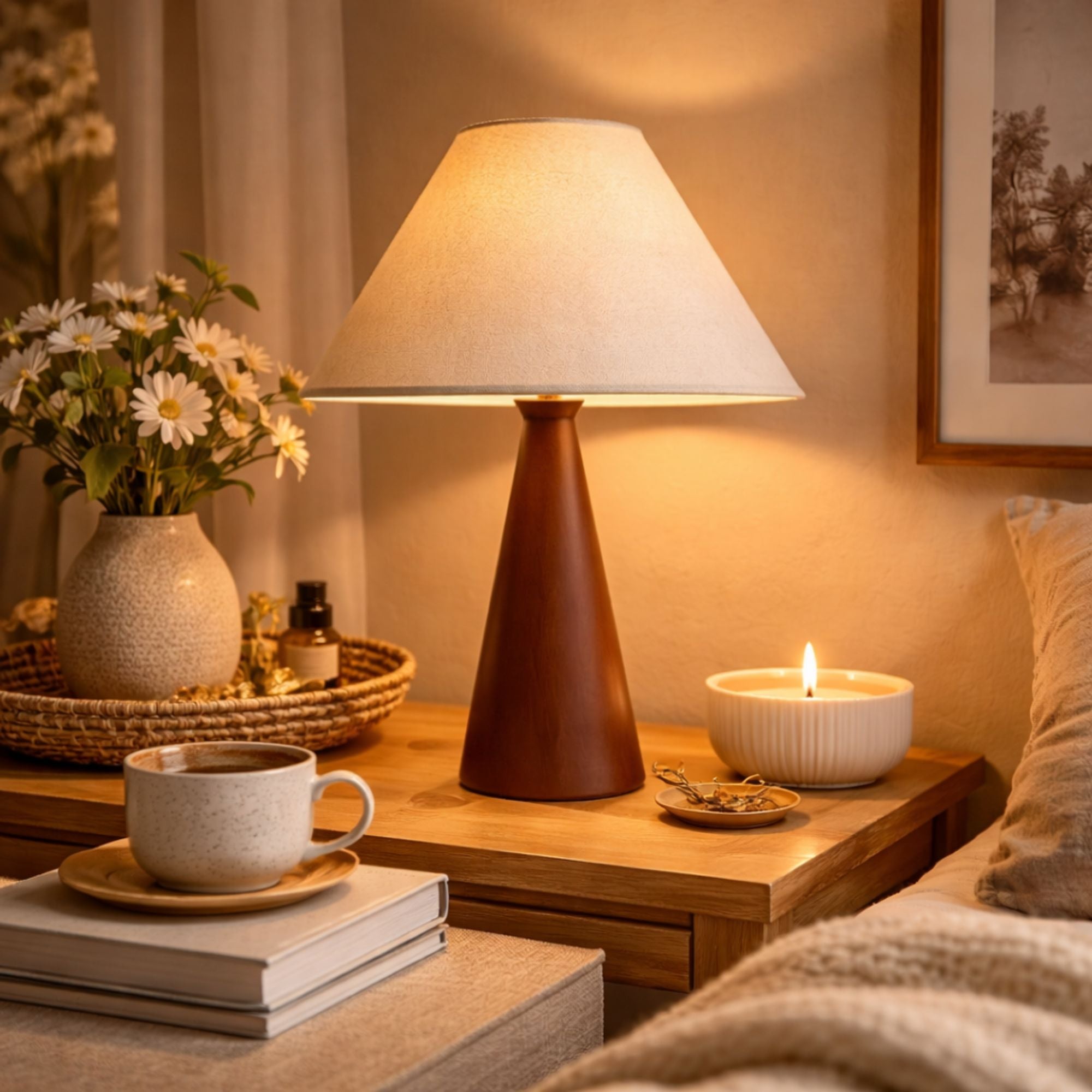 Bordslampa med träfot och beige linneskärm på nattduksbord i mysigt sovrum med varm belysning, kopp och levande ljus