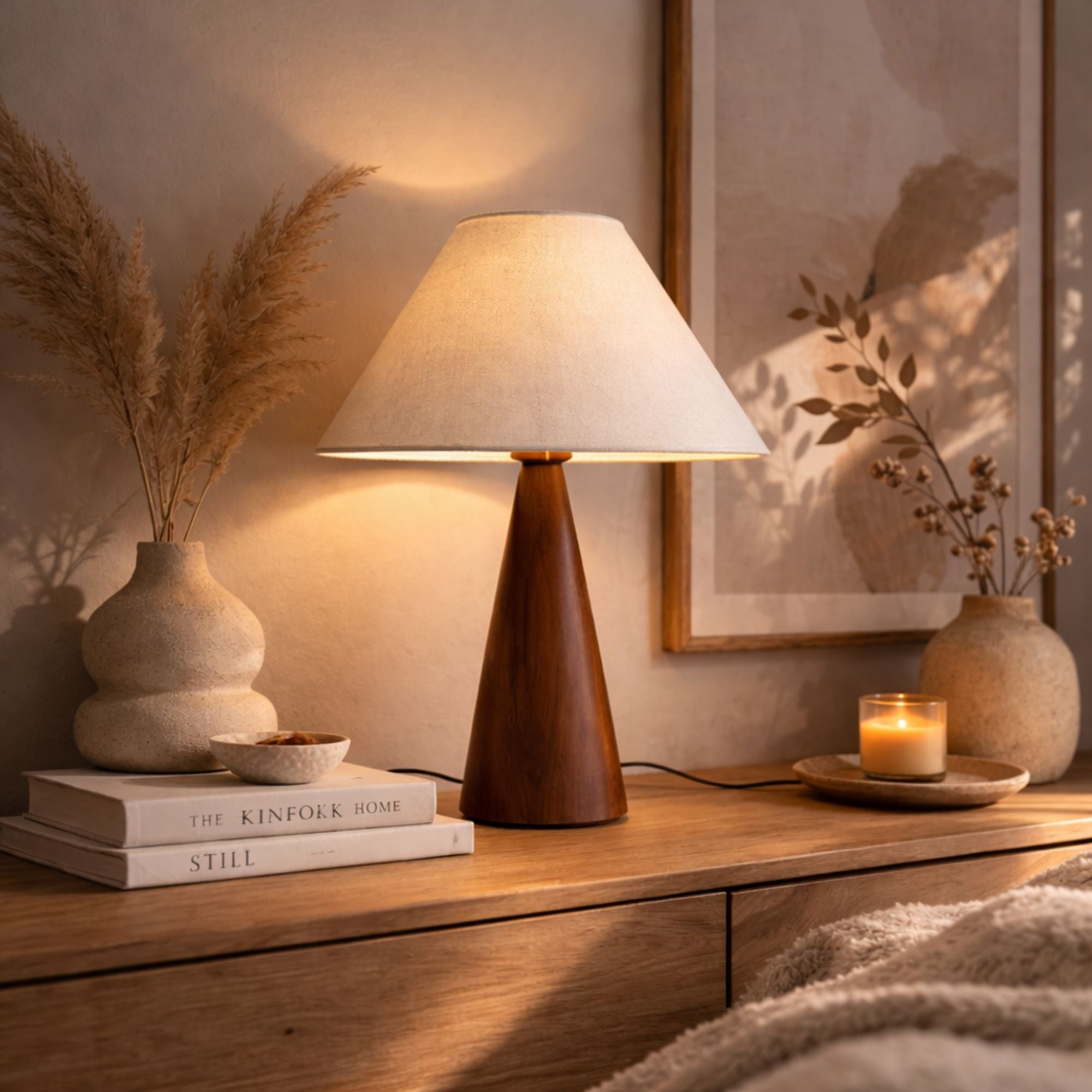 Bordslampa med träfot och beige linneskärm på byrå i mysigt sovrum med varm stämningsbelysning och naturlig inredning