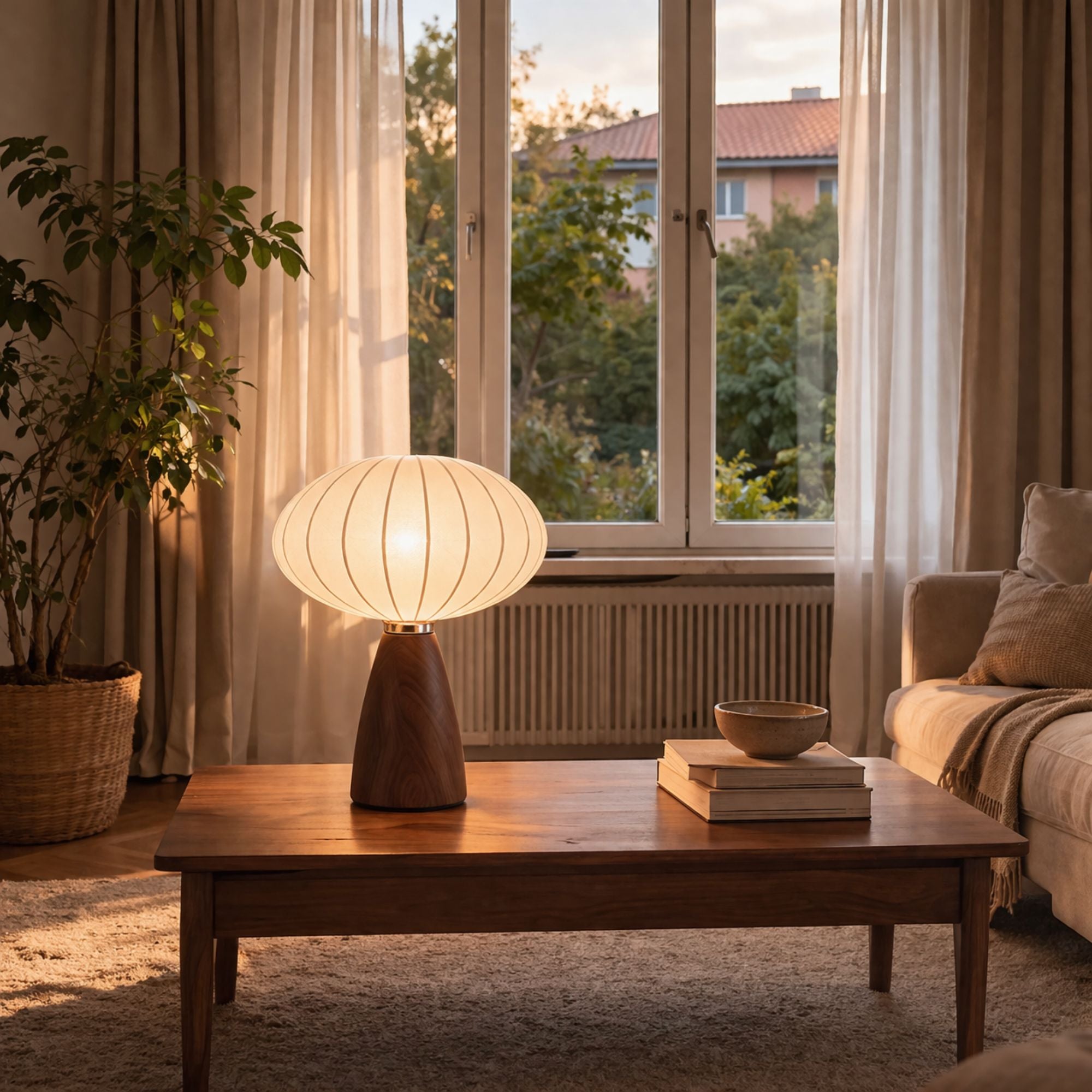 Bordslampa i trä med dekorativ skärm placerad på soffbord i vardagsrum – varm och mysig stämningsbelysning i skandinavisk stil