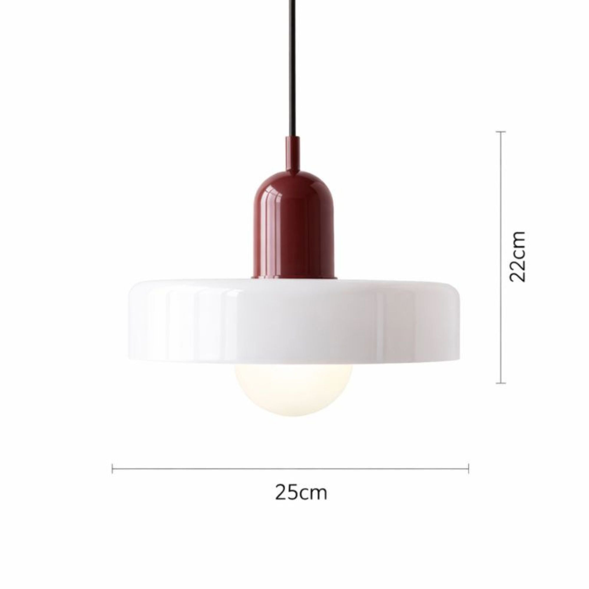 Färgglad retro taklampa i metall med rund form och mått 25 cm i diameter och 22 cm höjd