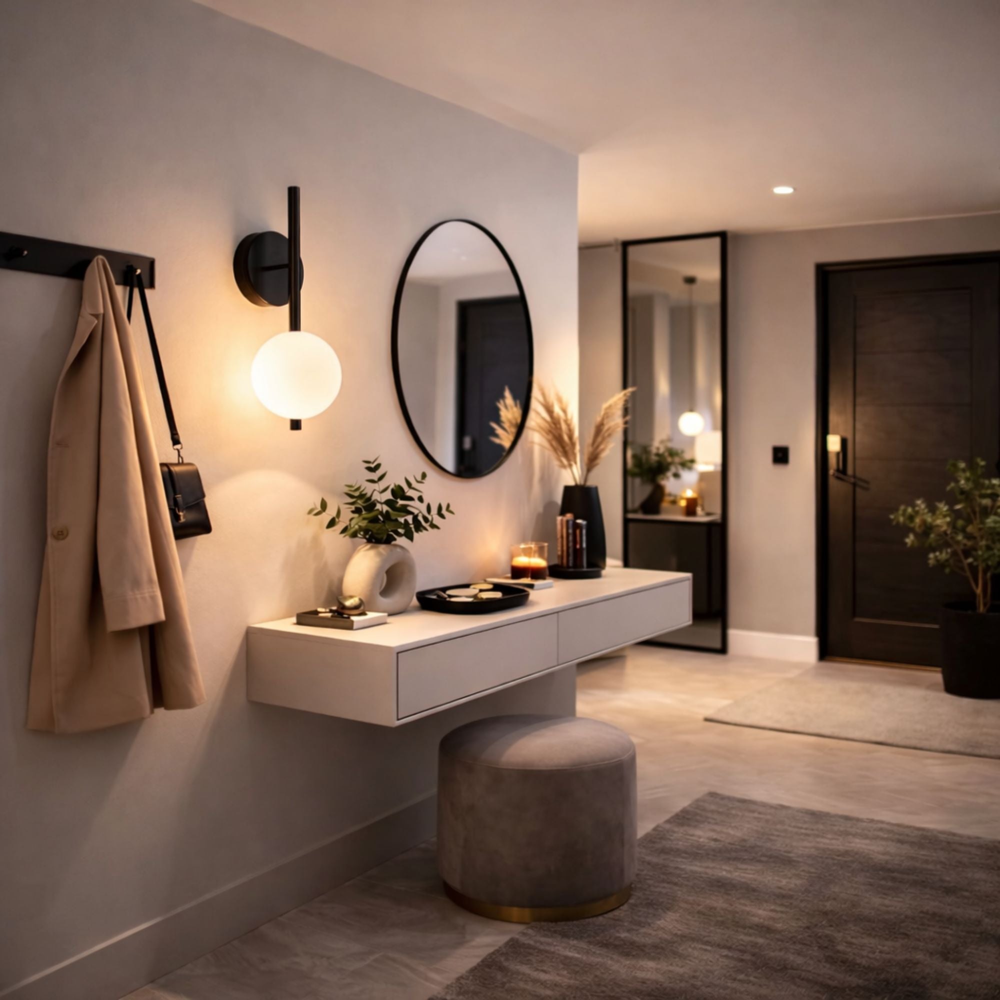 Modern vägglampa i svart med vit glaskupa i stilren hall ovanför konsolbord och spegel med varm stämningsbelysning