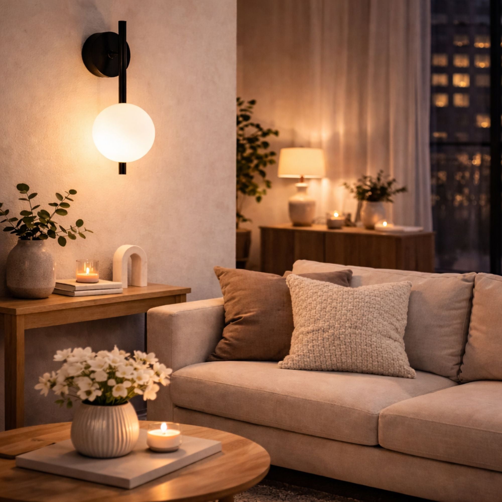 Modern svart vägglampa med vit glaskupa i vardagsrum ovanför soffa med varm mysig belysning i skandinavisk inredning